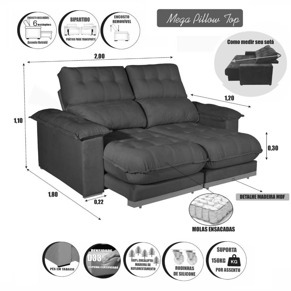 Sofá 2 Lugares 2,00m Retrátil e Reclinável Milano Bom Pastor Veludo Luxo Marrom