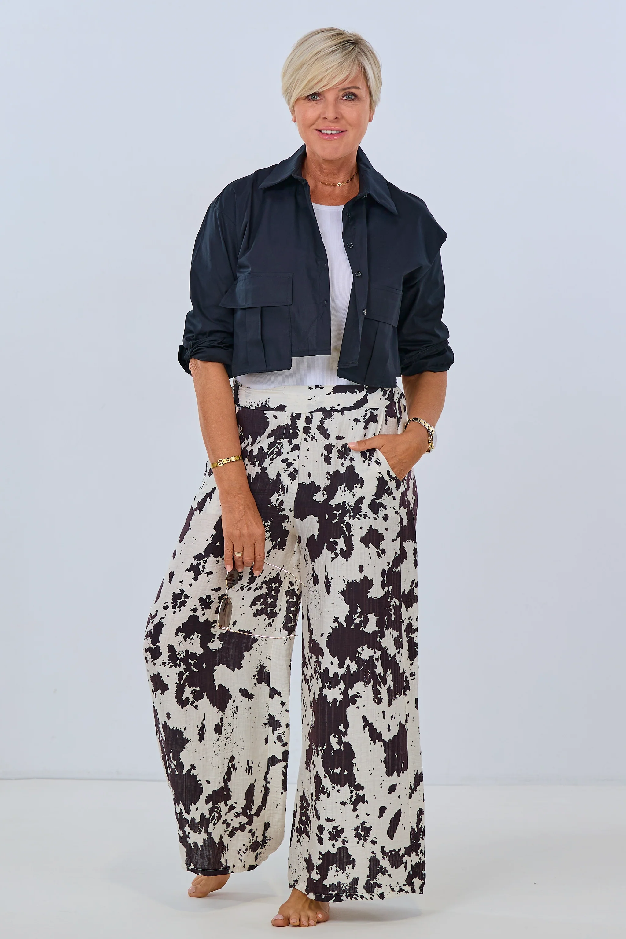 schimmernde Musselin Hose, schwarz-creme