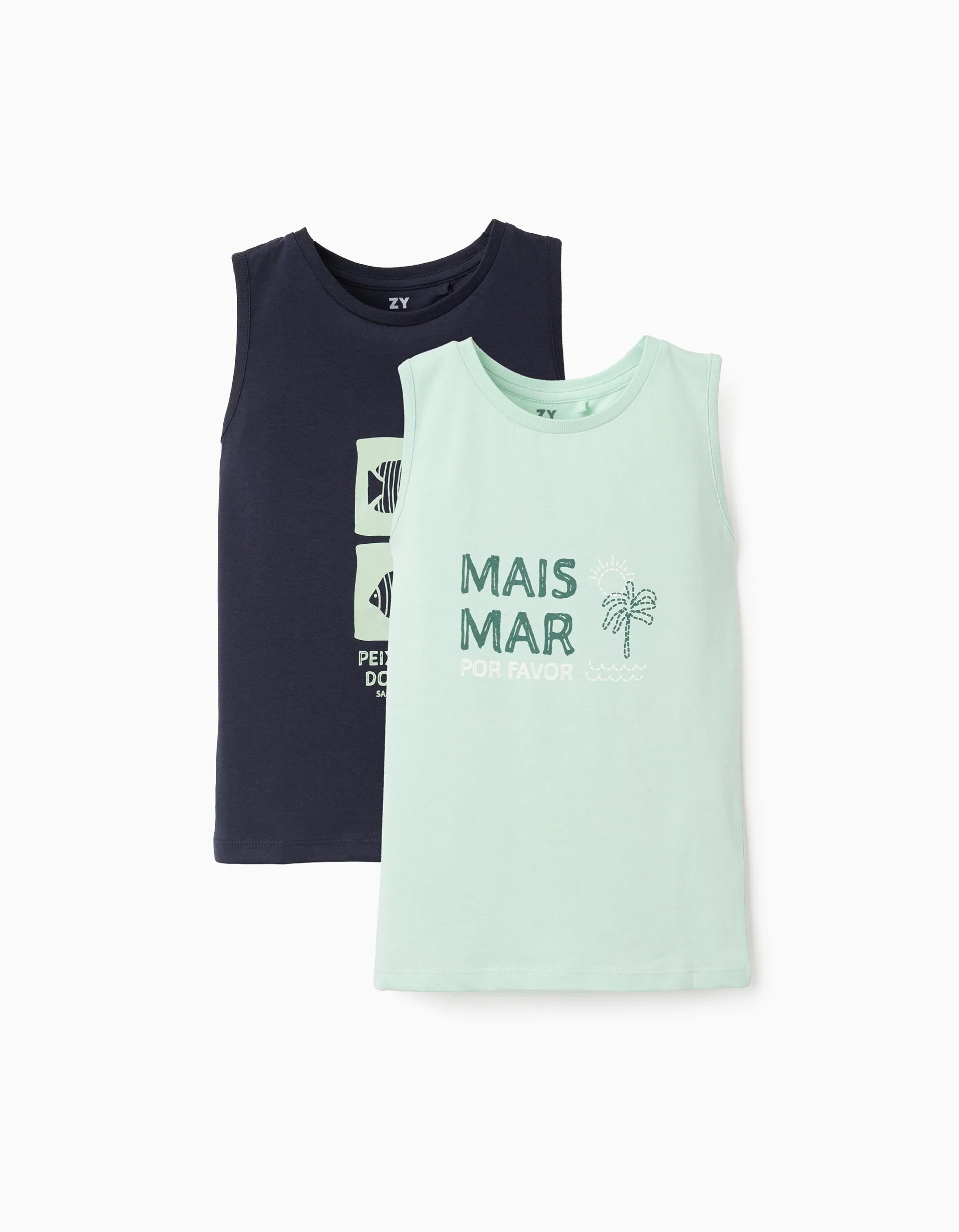 Pack of 2 cotton tank tops with beach prints for boys, blue/green