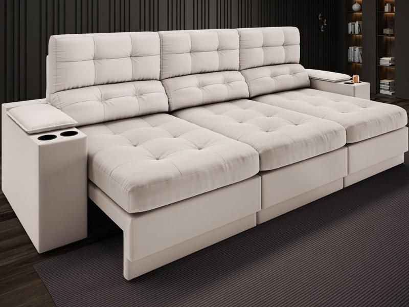 Sofá com Porta Copos e Carregador Usb Eureka 2,30m Assento Retrátil e Reclinável Velosuede Areia