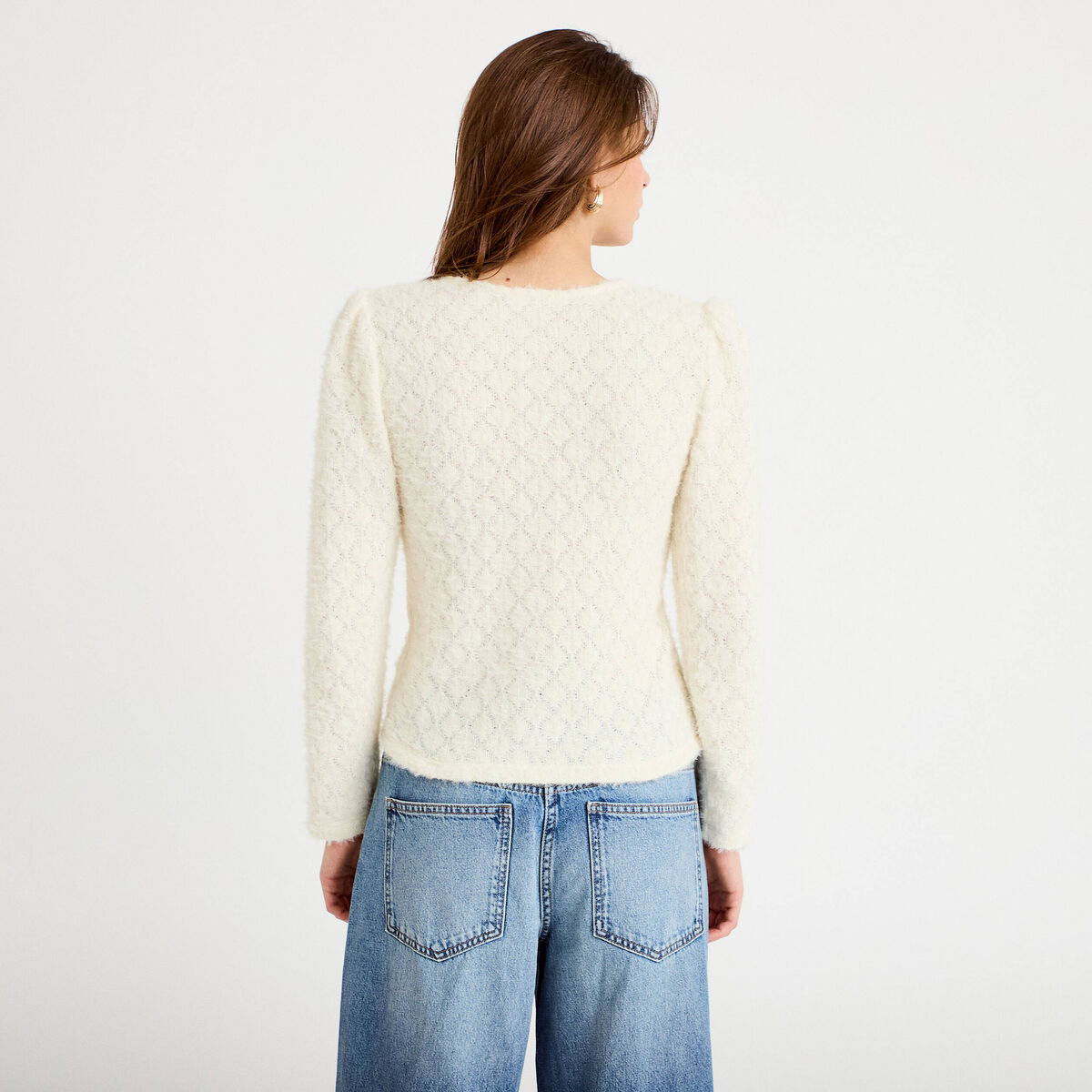 Gilet duveteux manches longues col rond ecru femme