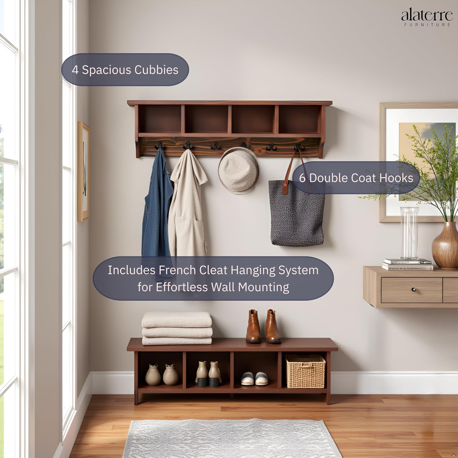 Pomona 48-Inch Wall-Mounted Coat Rack – Solid Wood & Metal Modern Entryway Organizer with 6 Heavy-Duty Hooks and 4 Open Cubbies for Mudroom, Hallway, Apartment, or Office Storage by Alaterre Furniture