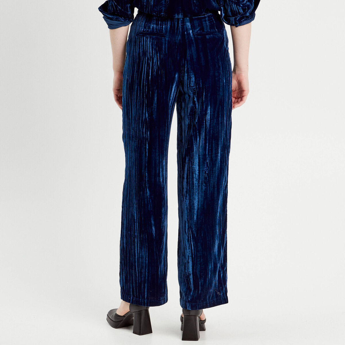 Pantalon large fluide velours bleu foncé femme