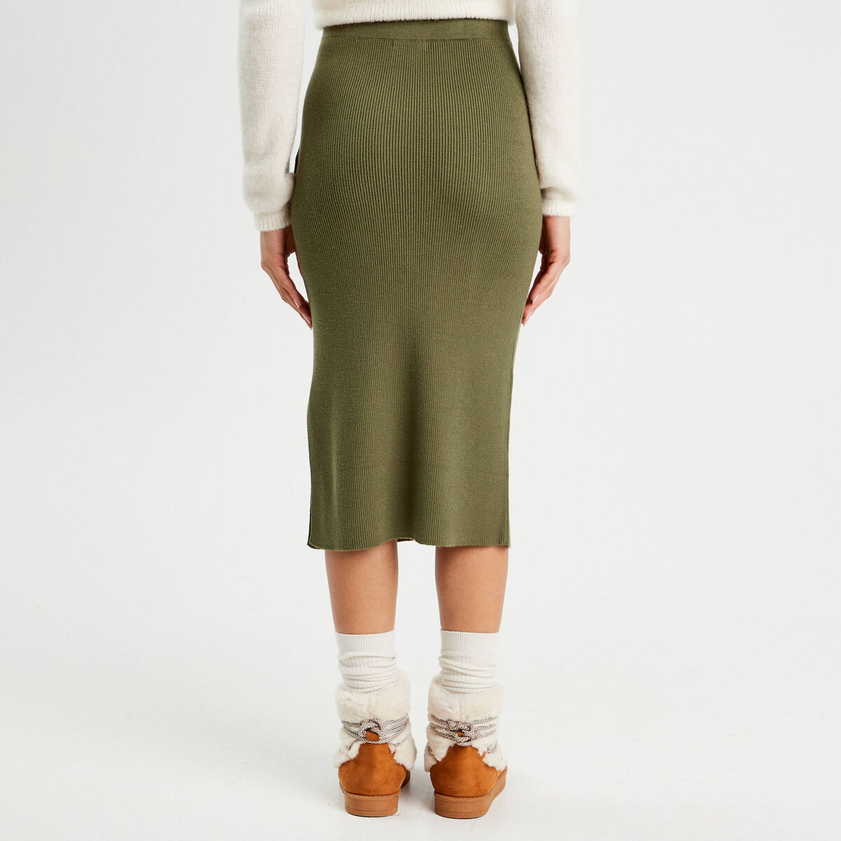 Jupe tricot midi droite vert kaki femme