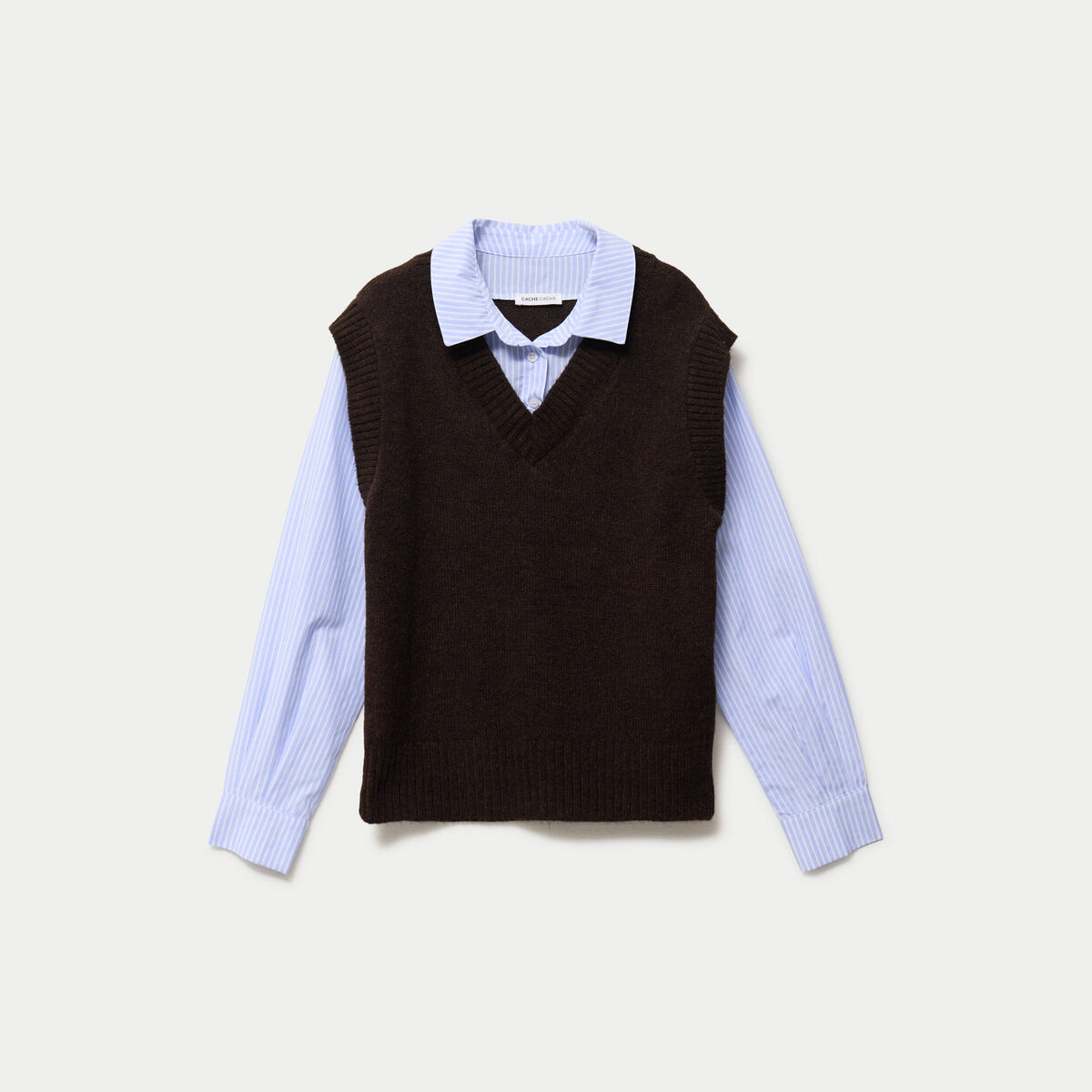 Pull fin 2-en-1 manches longues marron femme