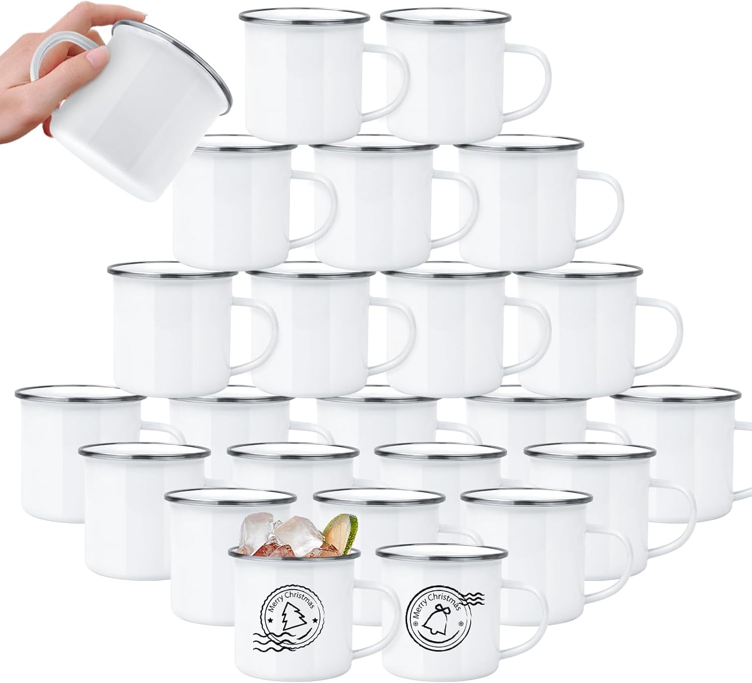 24 Pack Sublimation Blanks Enamel Mug Camping Outdoor Coffee Travel Metal Mug with Silver Rim for Heat Transfer DIY Gift White 12oz