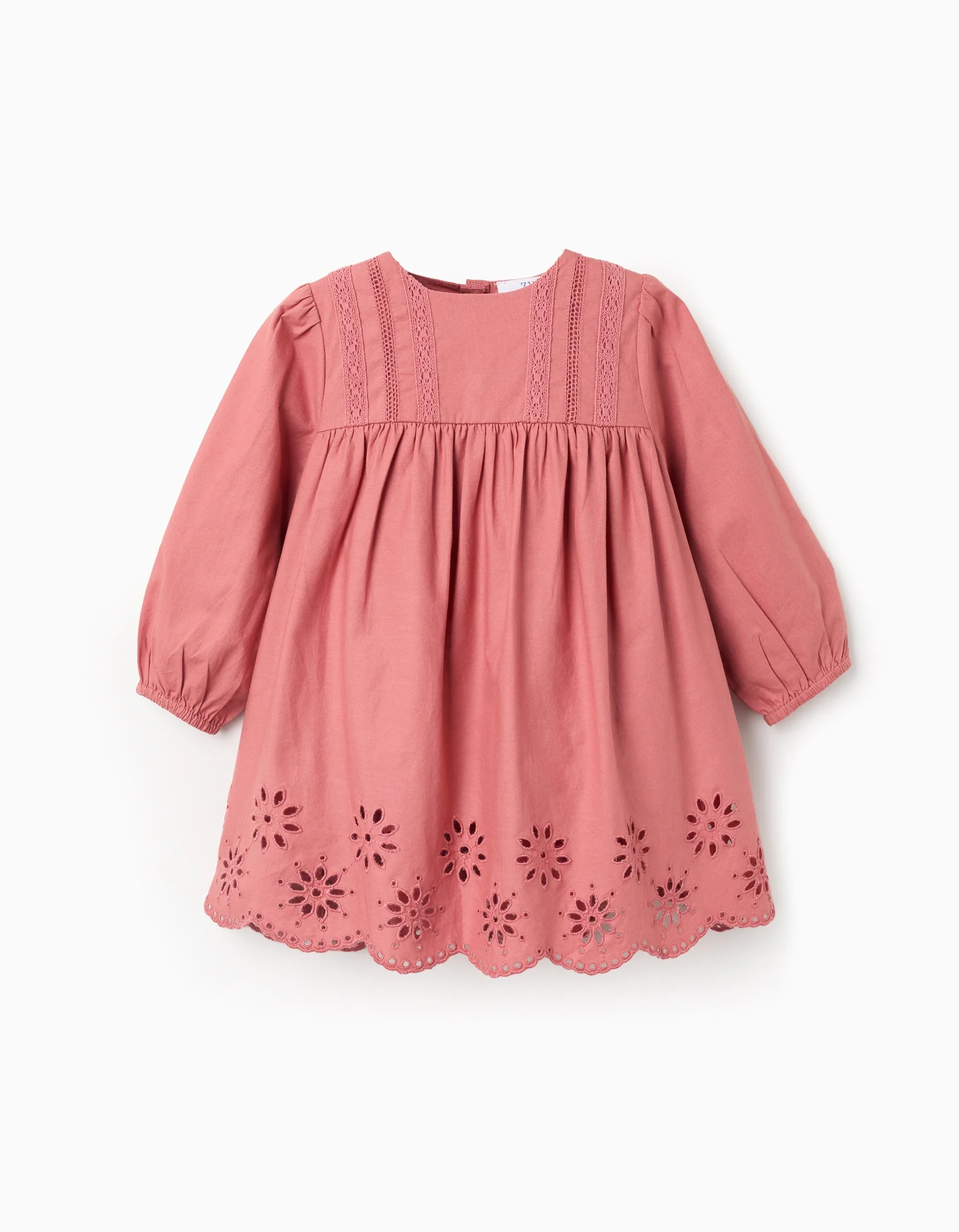 Long sleeve poplin dress with broderie anglaise for baby girls, pink