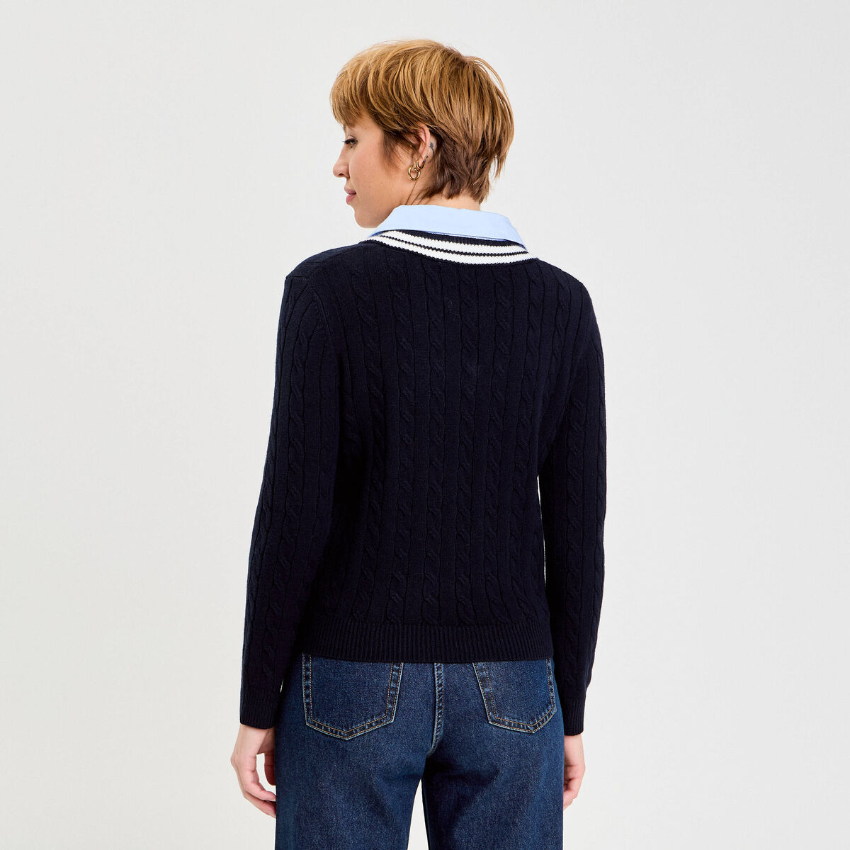 Pull col chemise manches longues bleu marine femme