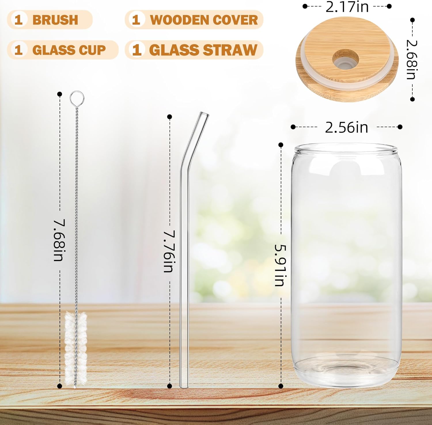 1 PCS iced Coffee Glasses Drinking Glasses cup Beer Glass Cup CLear Old Fashioned Whiskey Cup with bamboo lid and glass straw for Cocktail  Whiskey Mojito Smoothie Iced Coffee