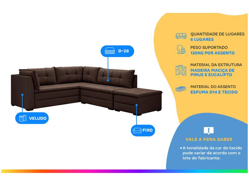 Sofá de Canto 6 Lugares com Puff Veluplus Vegas