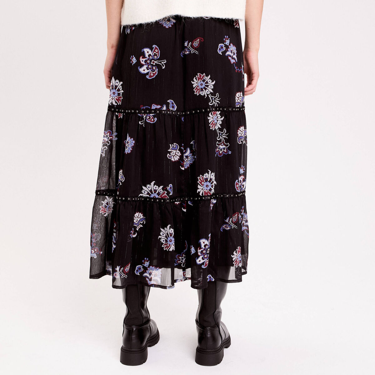 Jupon long évasé en voile transparent bleu foncé femme