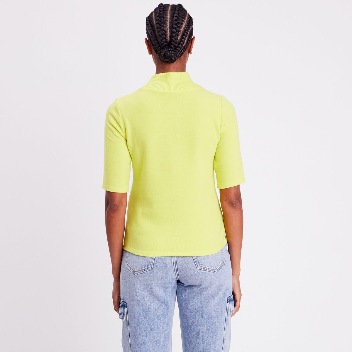 T-shirt côtelé col montant jaune citron femme