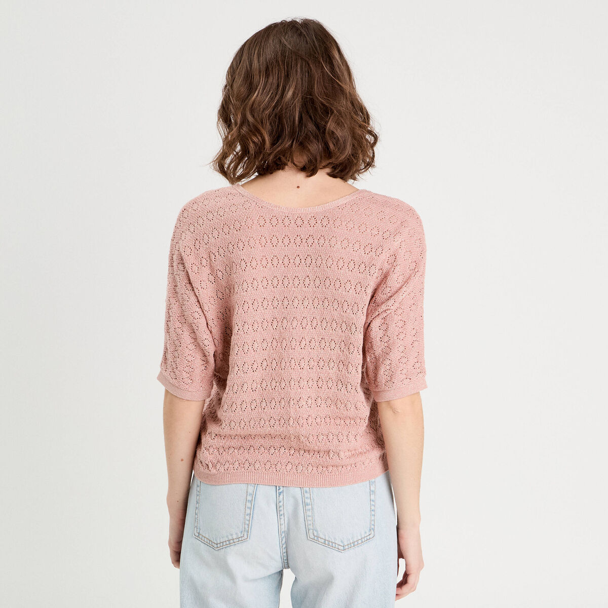 Pull ajouré manches 3/4 rose pastel femme