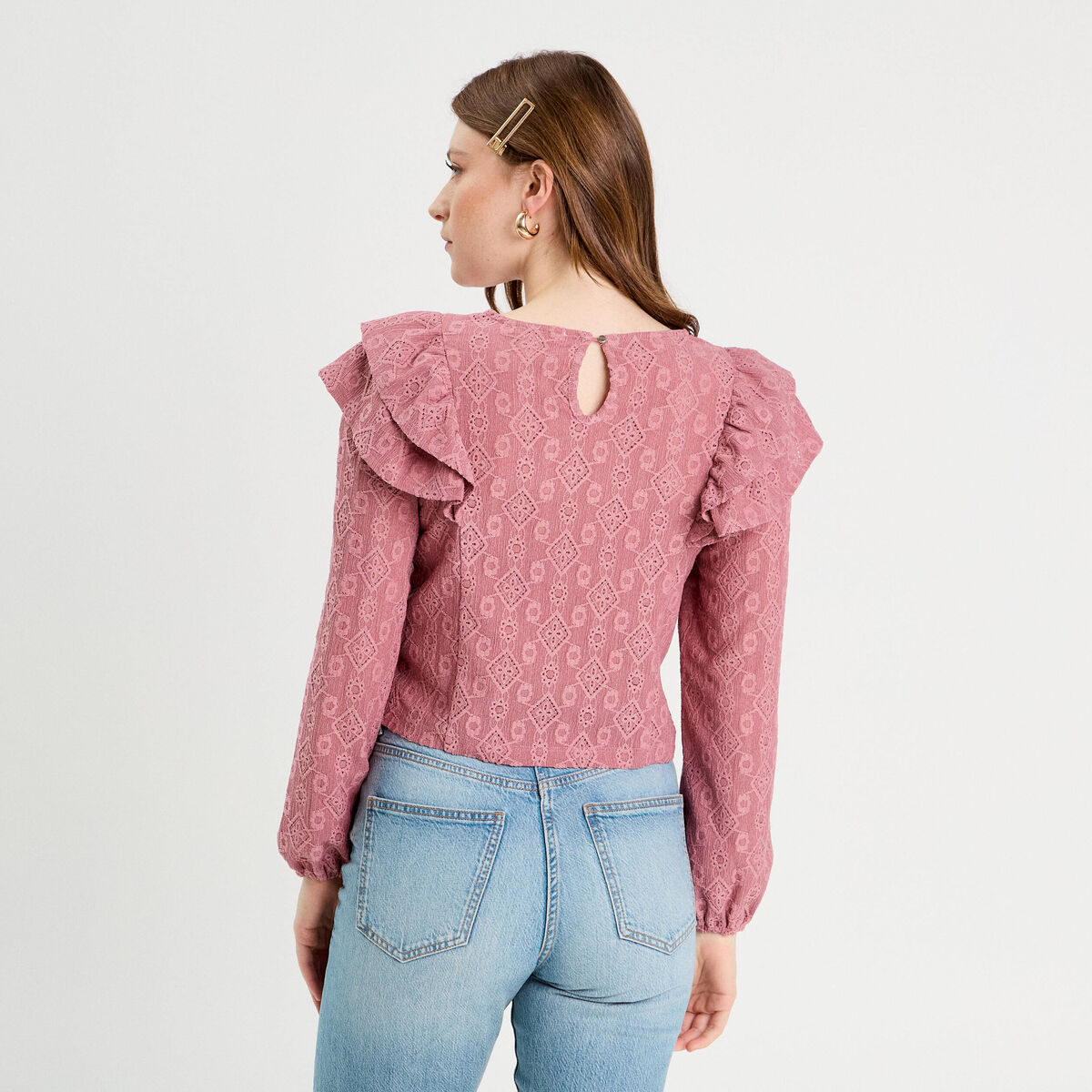 Blouse brodée avec volants vieux rose femme