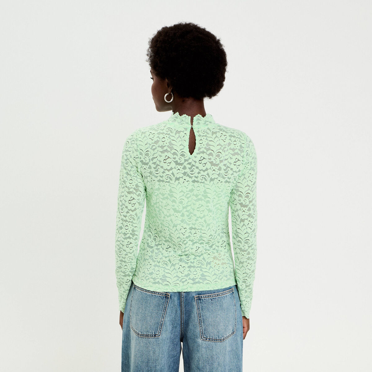 T-shirt dentelle manches longues vert pastel femme