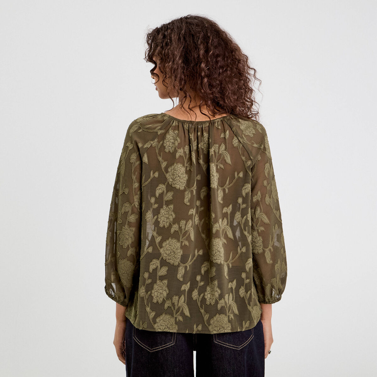 Blouse manches 3/4 vert kaki femme