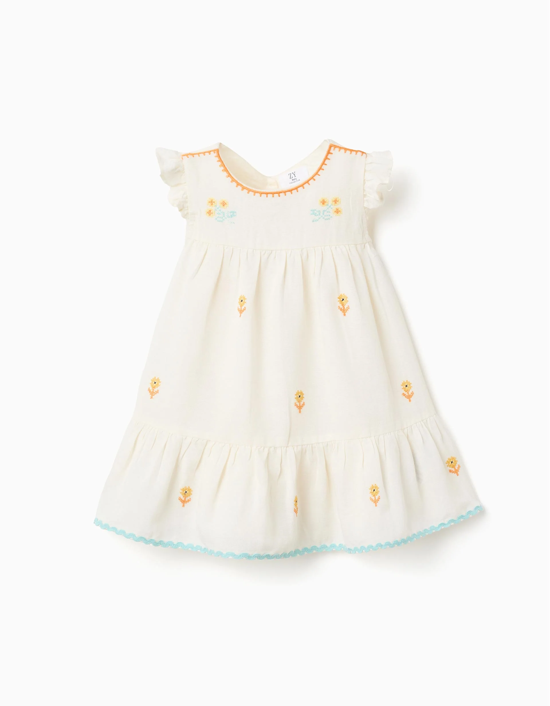 Cotton and linen dress with flowers for baby girls, light beige