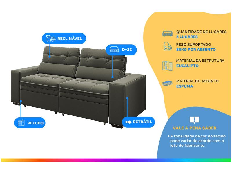 Sofá Retrátil Reclinável 3 Lugares Veludo com Baú