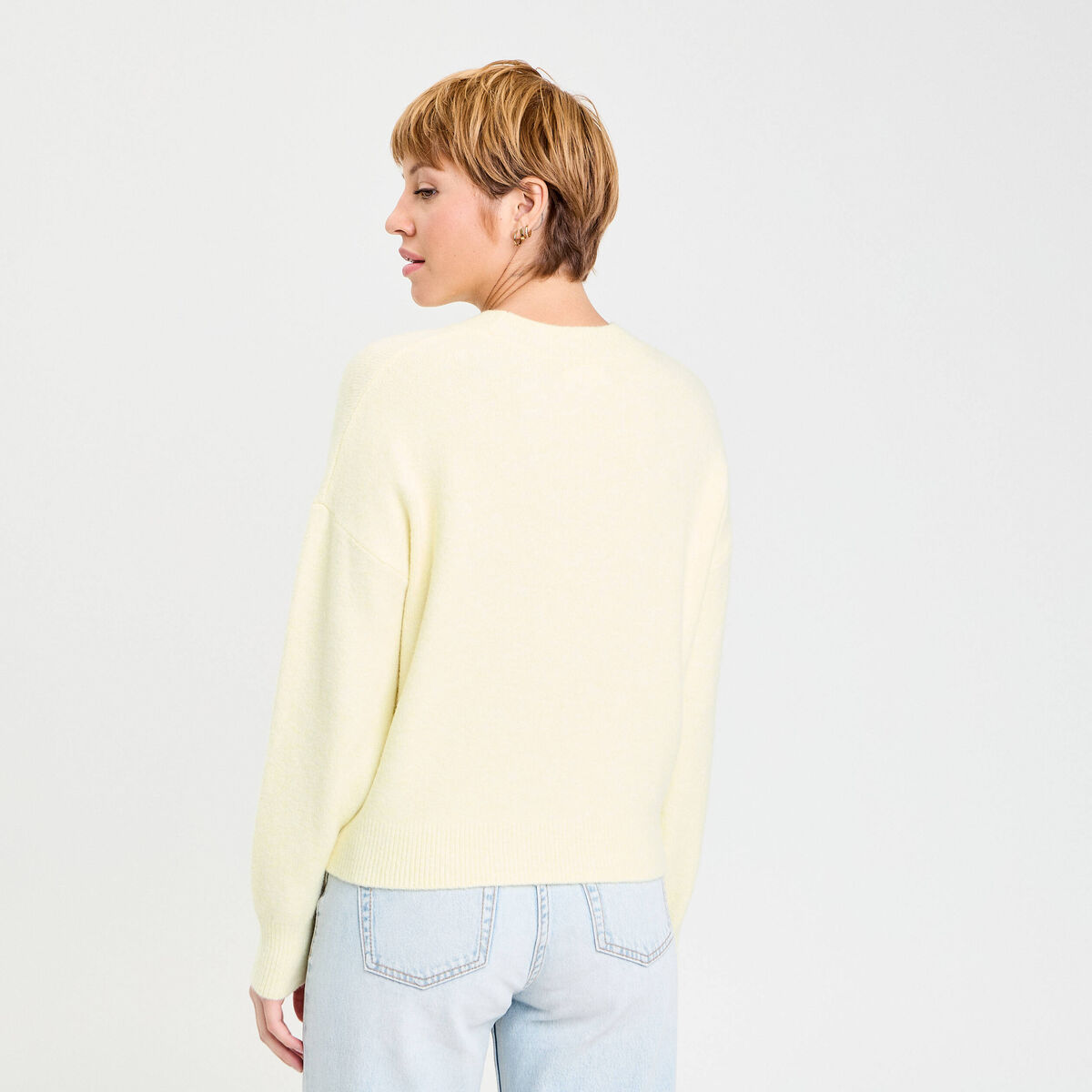 Pull col rond jaune clair femme