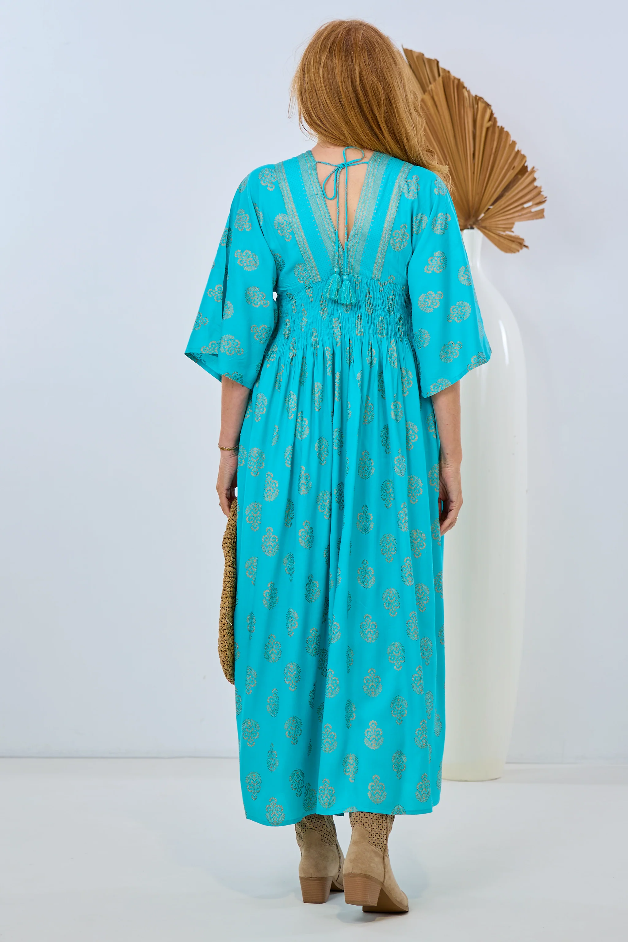 Langes Kleid im Boho-Style, türkis-gold