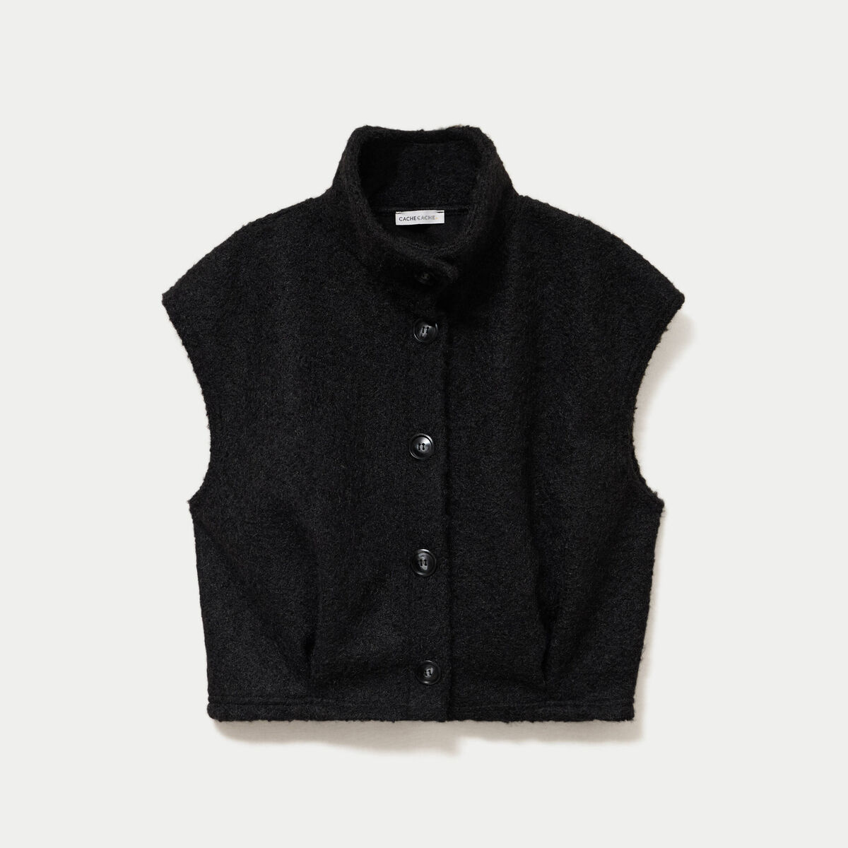 Veste bouclette sans manches col montant noir femme