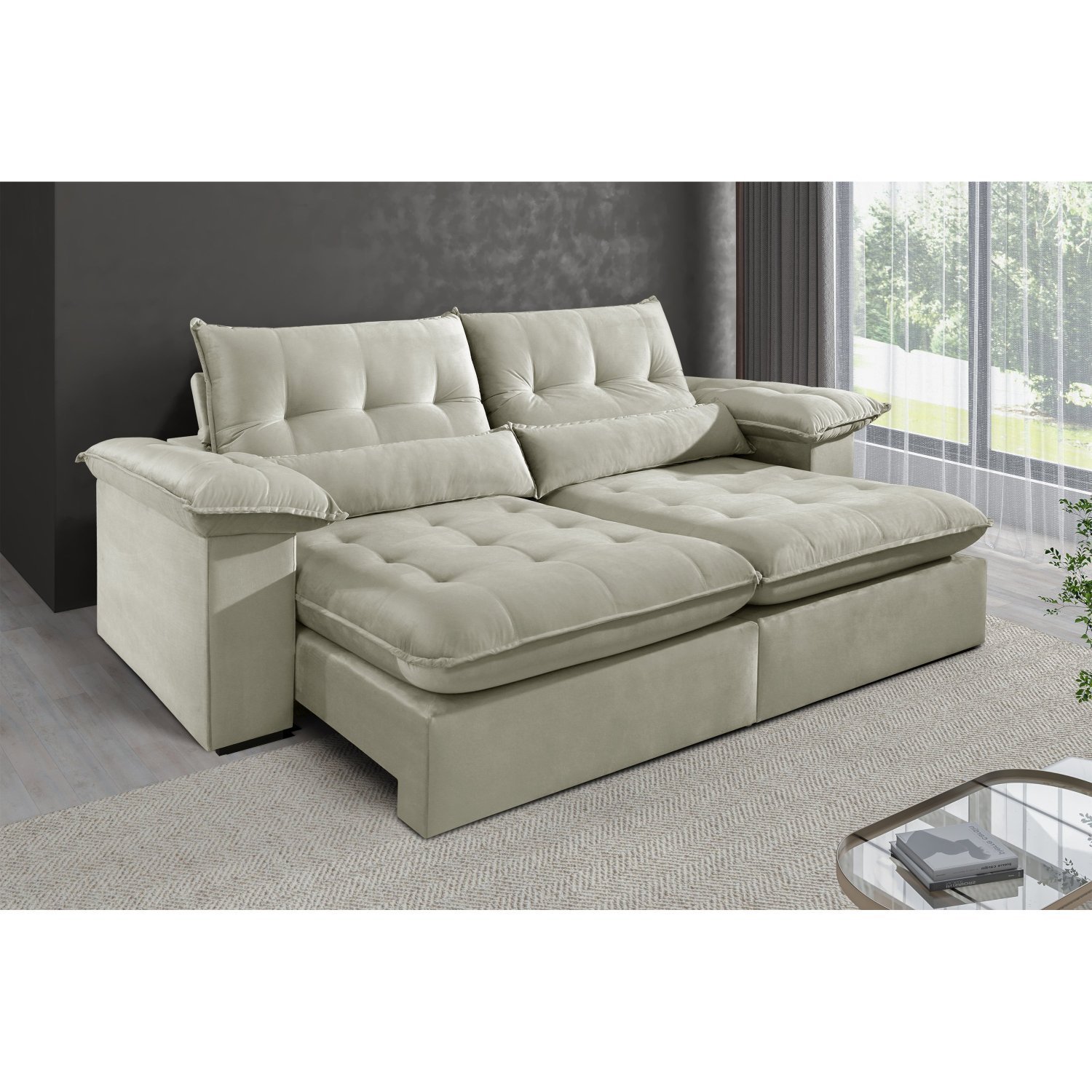 Sofá 3 Lugares Retrátil e Reclinável Mônaco Veludo com Molas Ensacadas