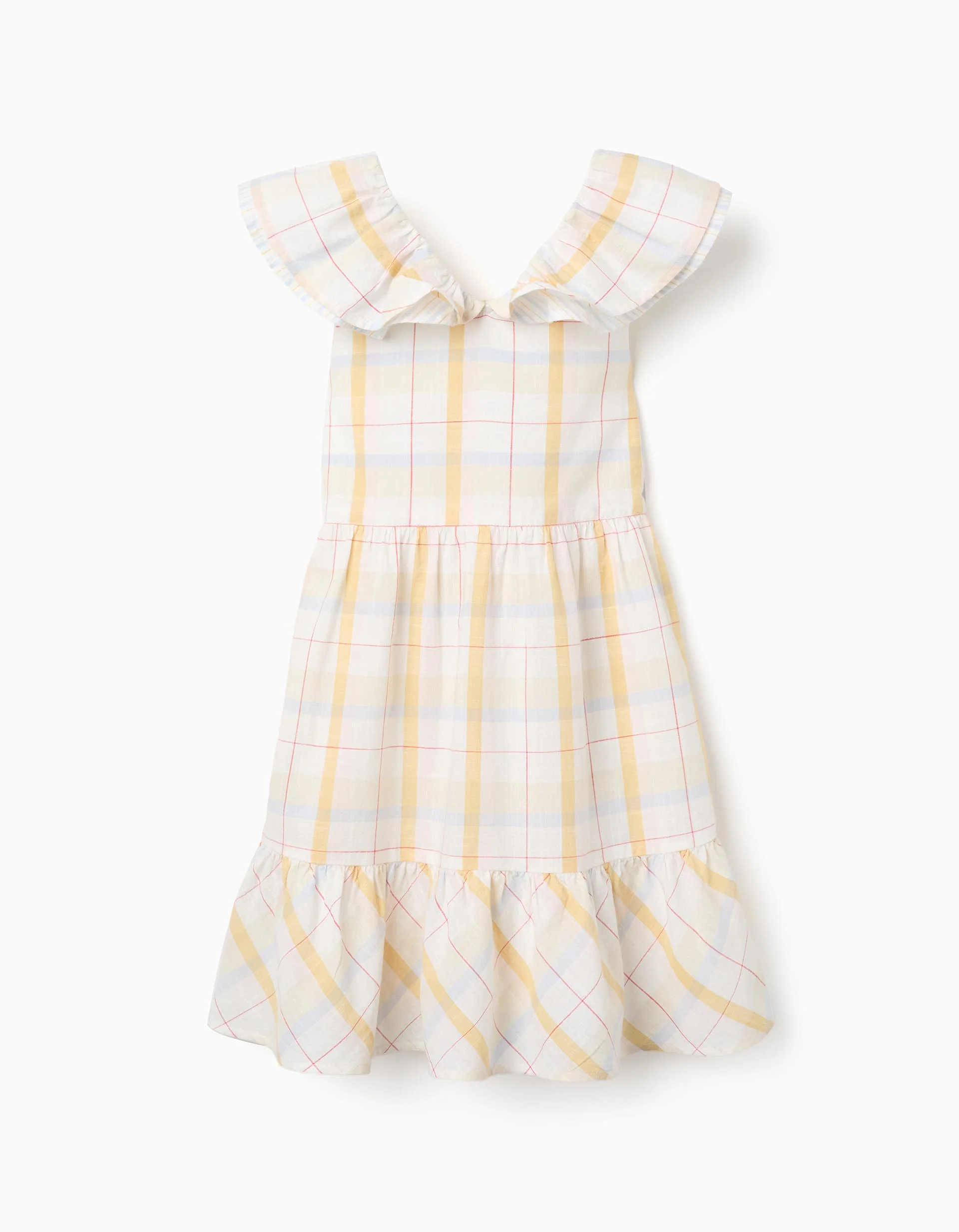 Checked cotton dress with ruffles B&S for girls, white/yellow/blue/red