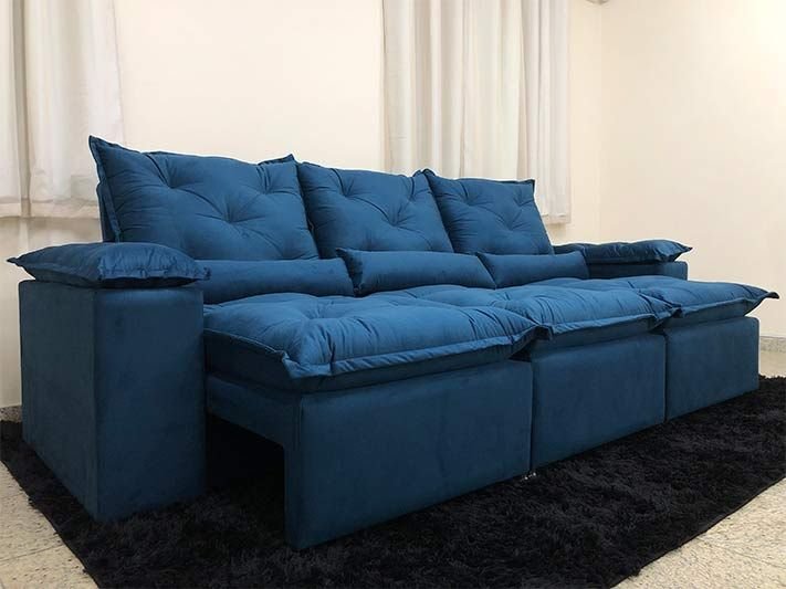Sofá Retrátil e Reclinável 2,70m em Tecido Veludão C/pillow Nos Braços Athenas:azul/270cm