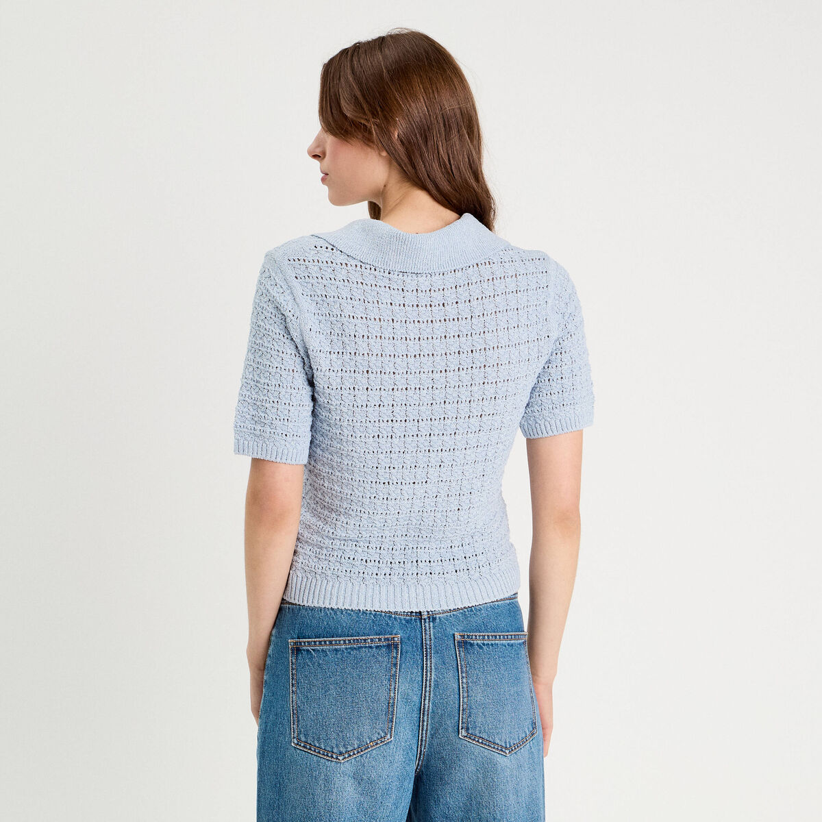 Polo manches courtes ajouré denim snow gris femme