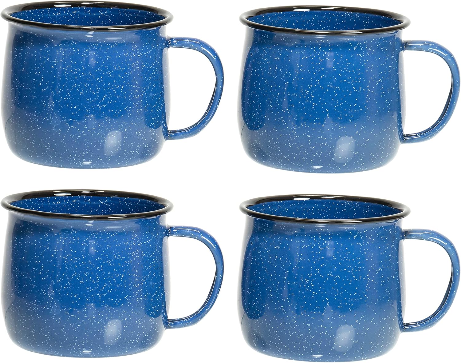 Set of 4 Enamelware Metal 12 Oz Round Camping Coffee Mugs with Handle  White-Speckled Blue/Black Rim