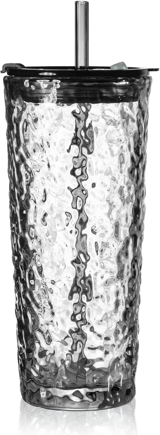 18oz Glass Cup with Lid and Straw  Vintage Glacier Pattern Thickened Glassware for Whiskey Cocktail Beer  Mason Jar Drinking Glasses Tumbler Iced Coffee Cup  Black