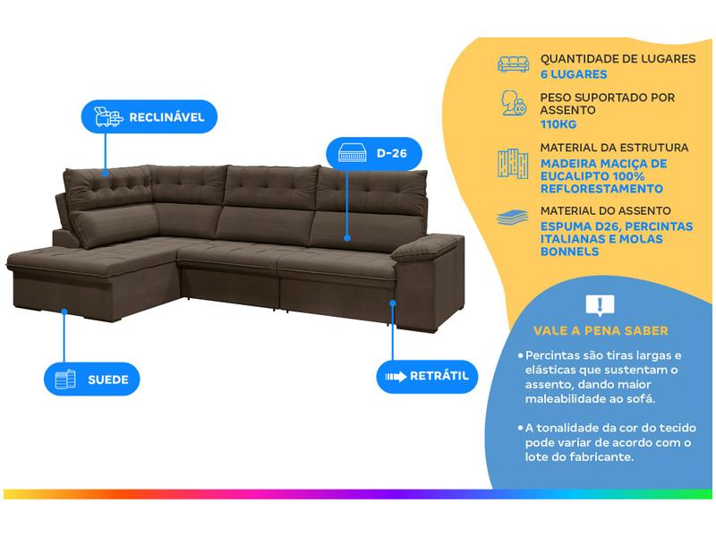 Sofá de Canto 6 Lugares Retrátil Reclinável Suede Veludo Madrid Flexforma Estofados