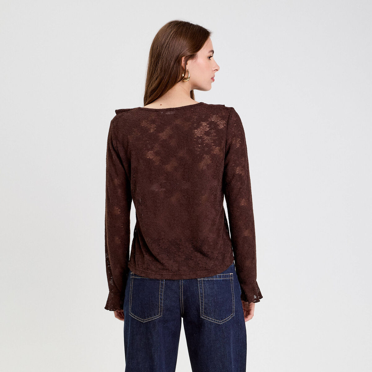 Blouse ajourée manches longues marron foncé femme