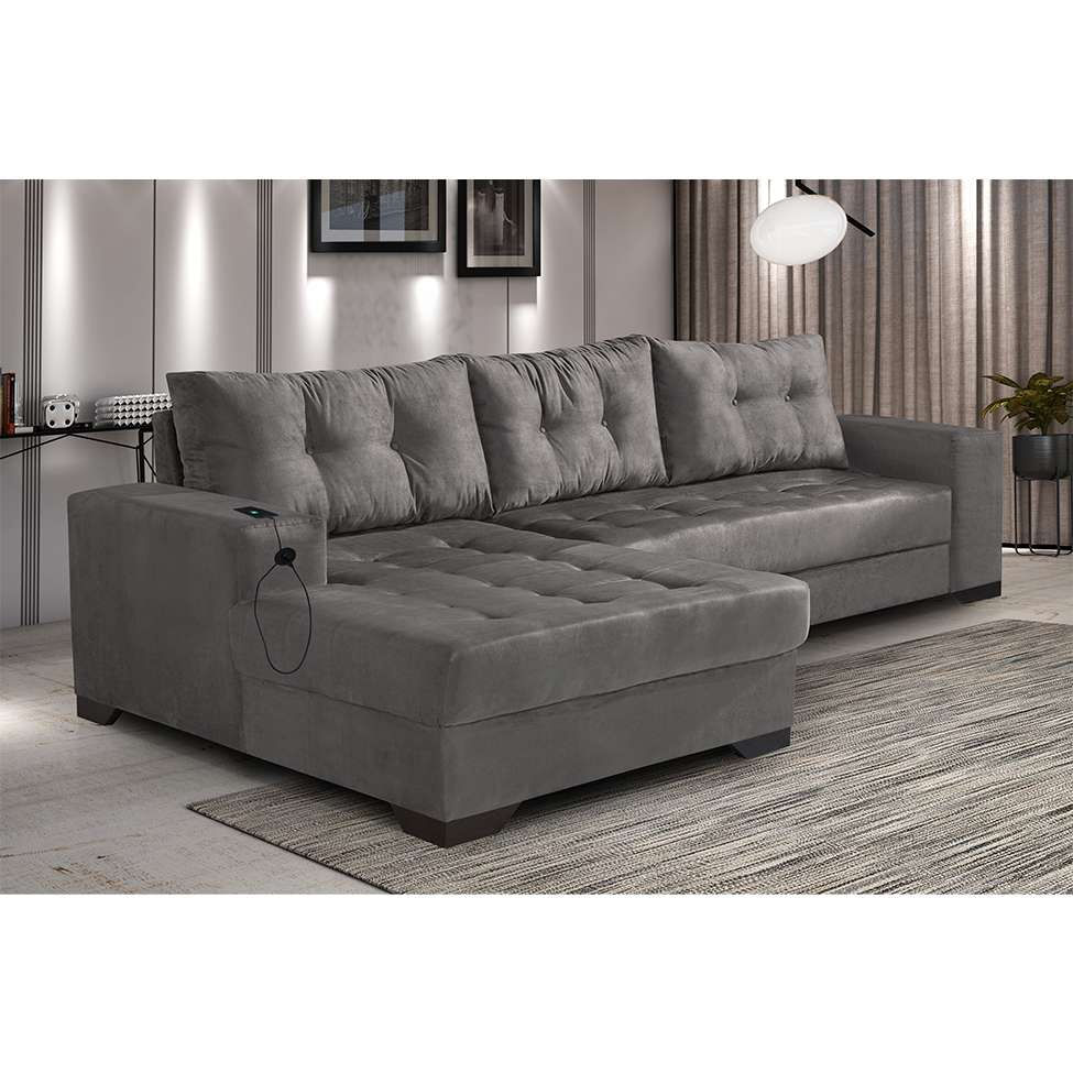 Sofá 5 Lugares Dijon com Chaise Esquerdo e Entrada USB Suede Cinza em Promoção | Ofertas na Americanas
