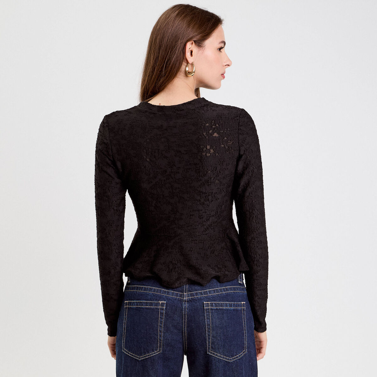 Blouse ajustée col rond manches longues noir femme