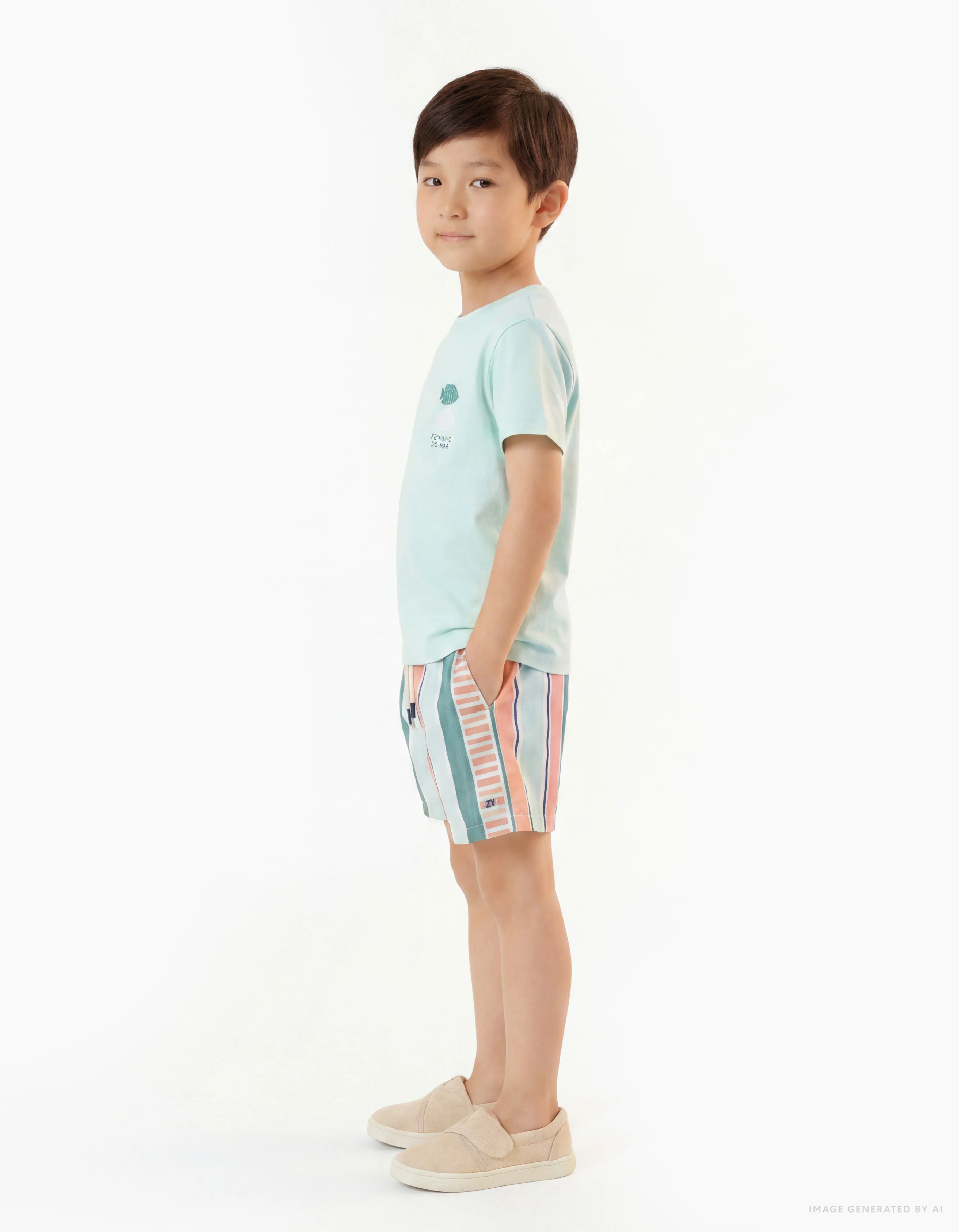 Striped swim shorts with drawstring for boys, orange/green