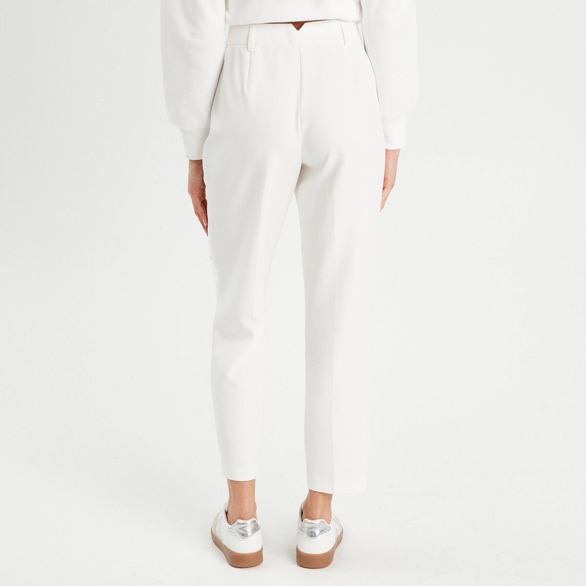 Pantalon carotte bandes satin ecru femme