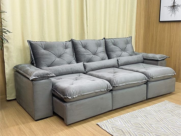 Sofá Retrátil Reclinável 2,70 M Cinza 502 Zuqui Plus