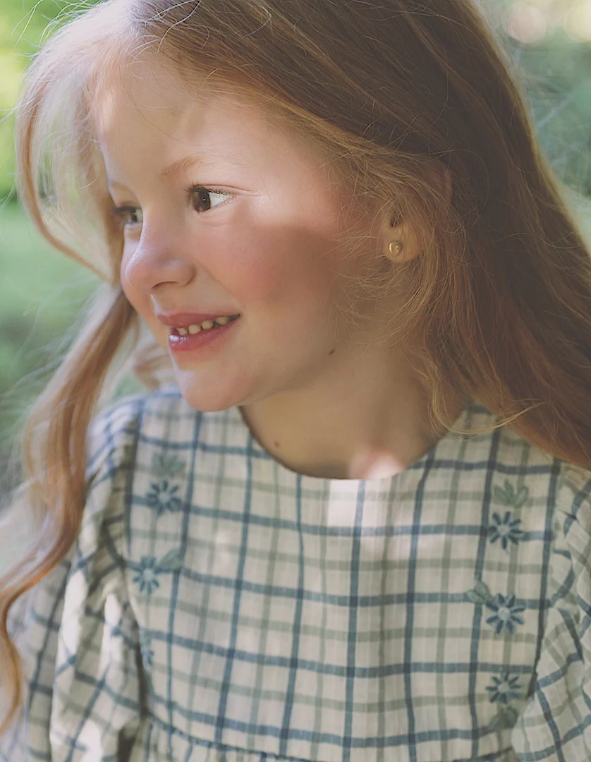 Cotton checked dress with puffy sleeves for girls, multicolour