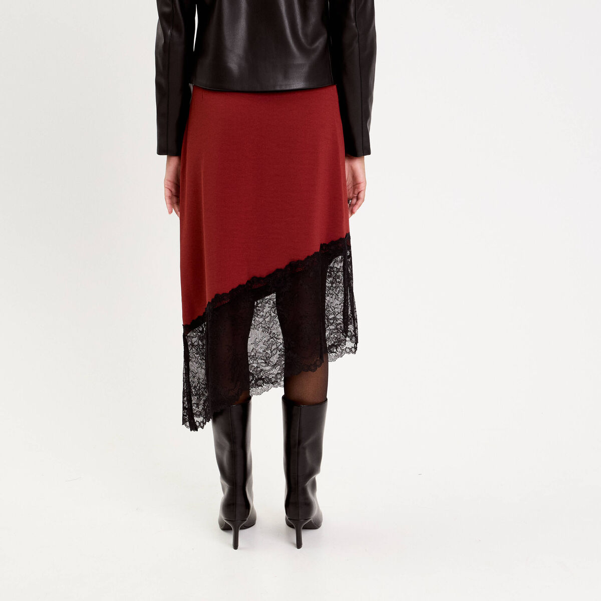 Jupe longue satinée détail dentelle orange foncé femme