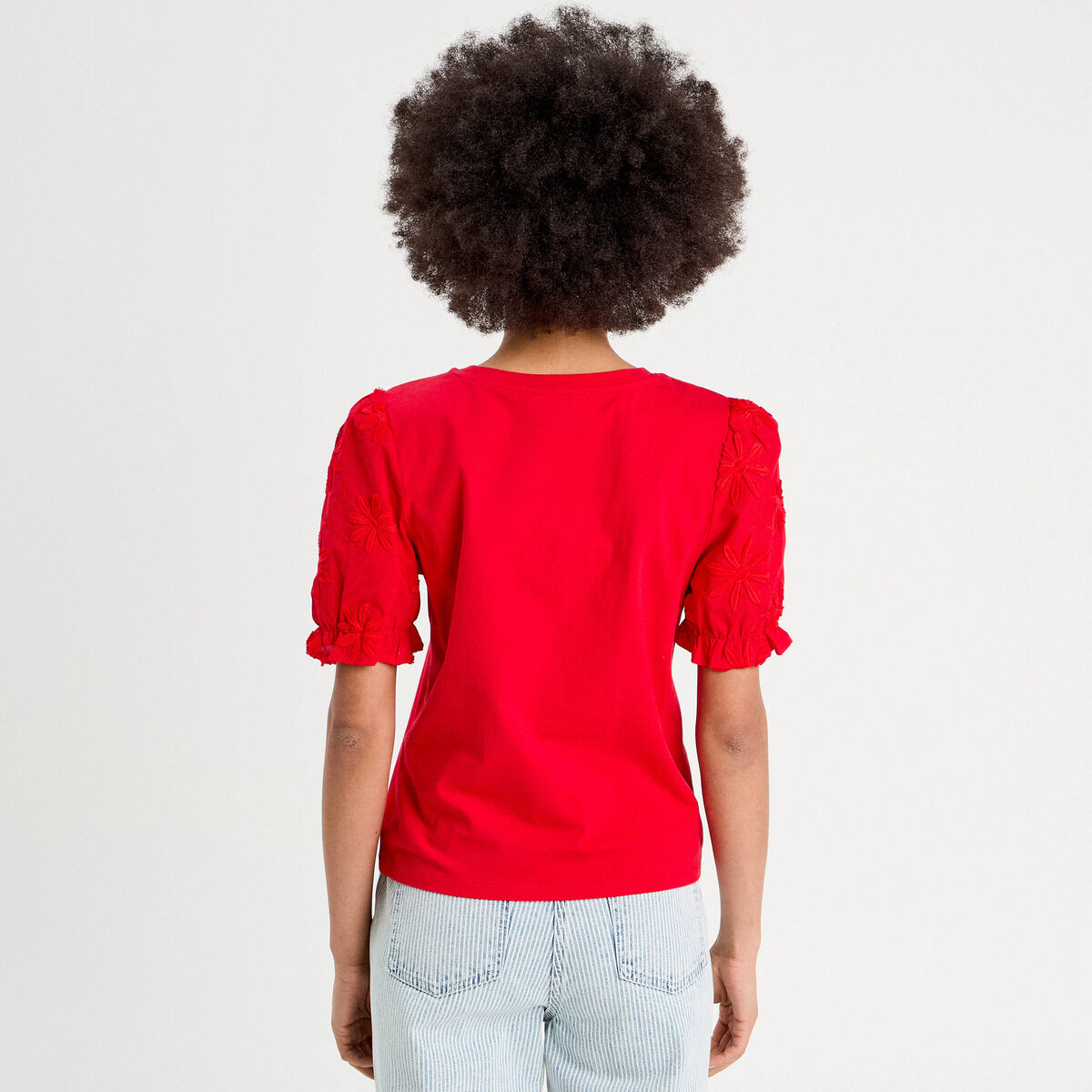 T-shirt manches brodées rouge femme