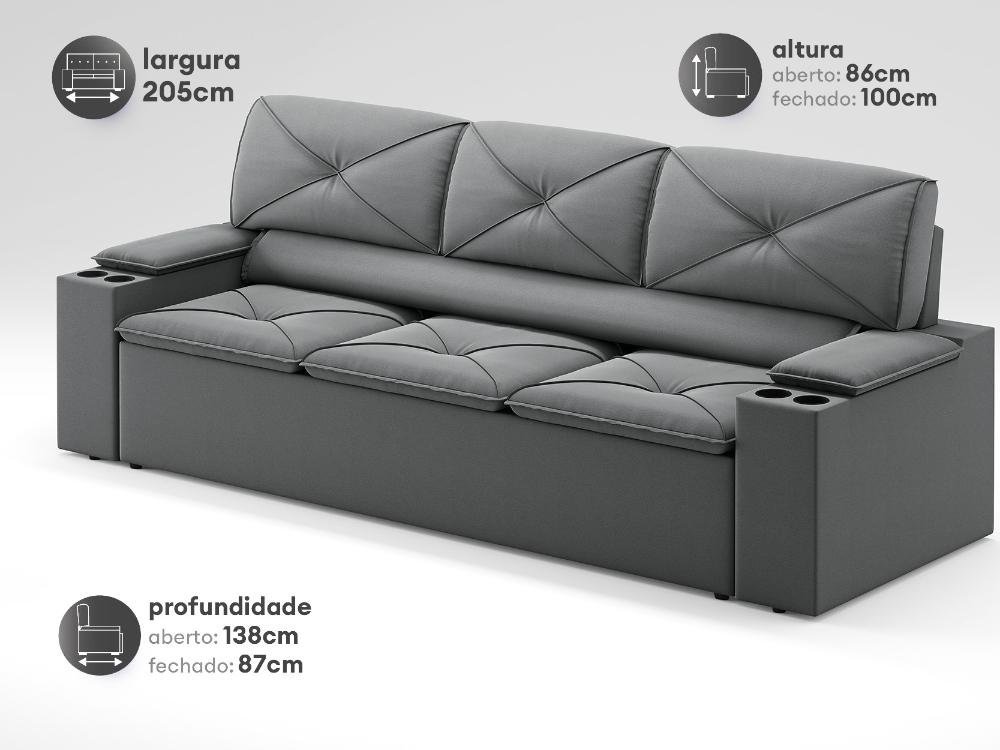 Sofá com Porta Copos Retrátil e Reclinável Pop 2,05m Velosuede Grafite - Netsofas