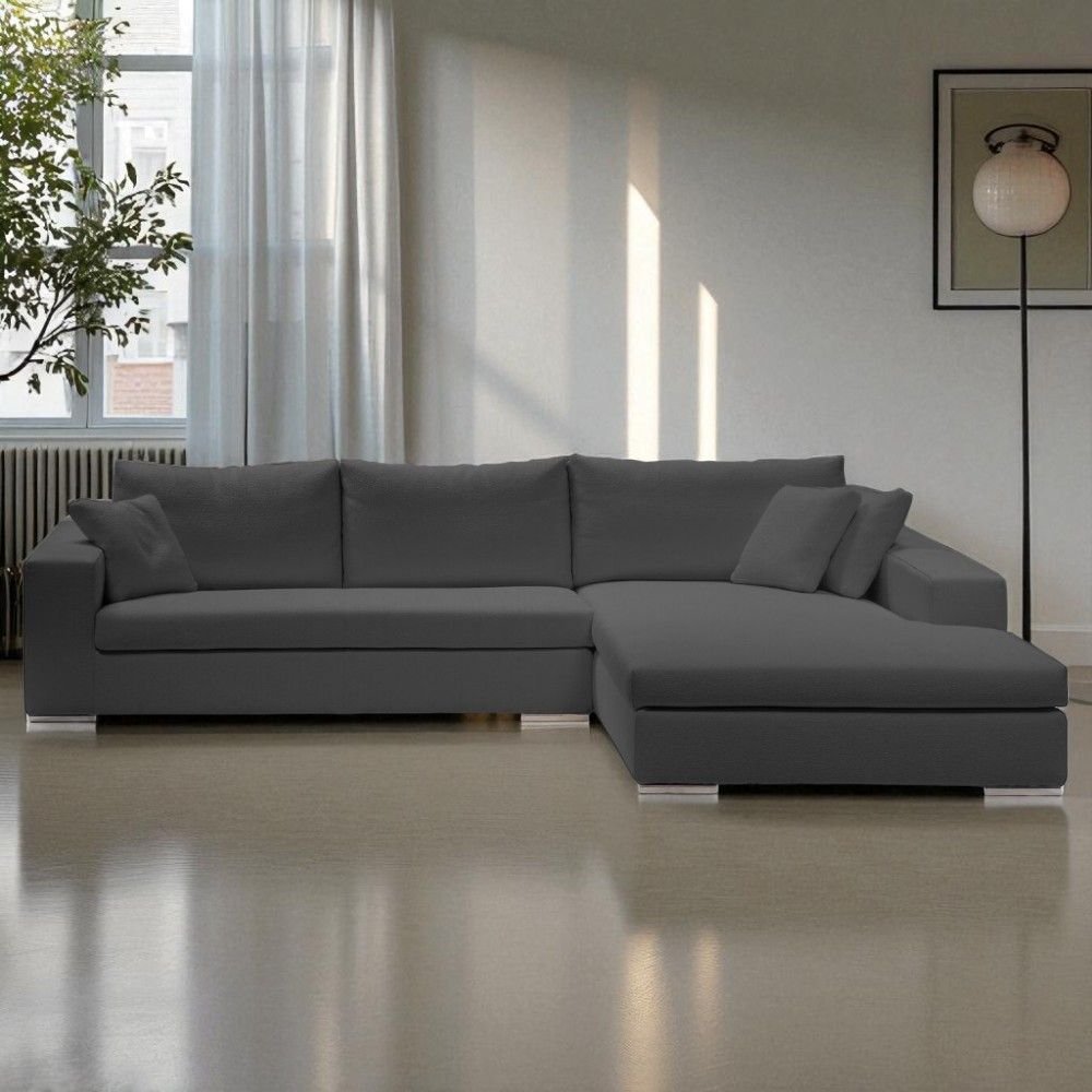Sofá de Canto com Chaise de Casal em Sarja Cinza, 3,20m x 1,70m