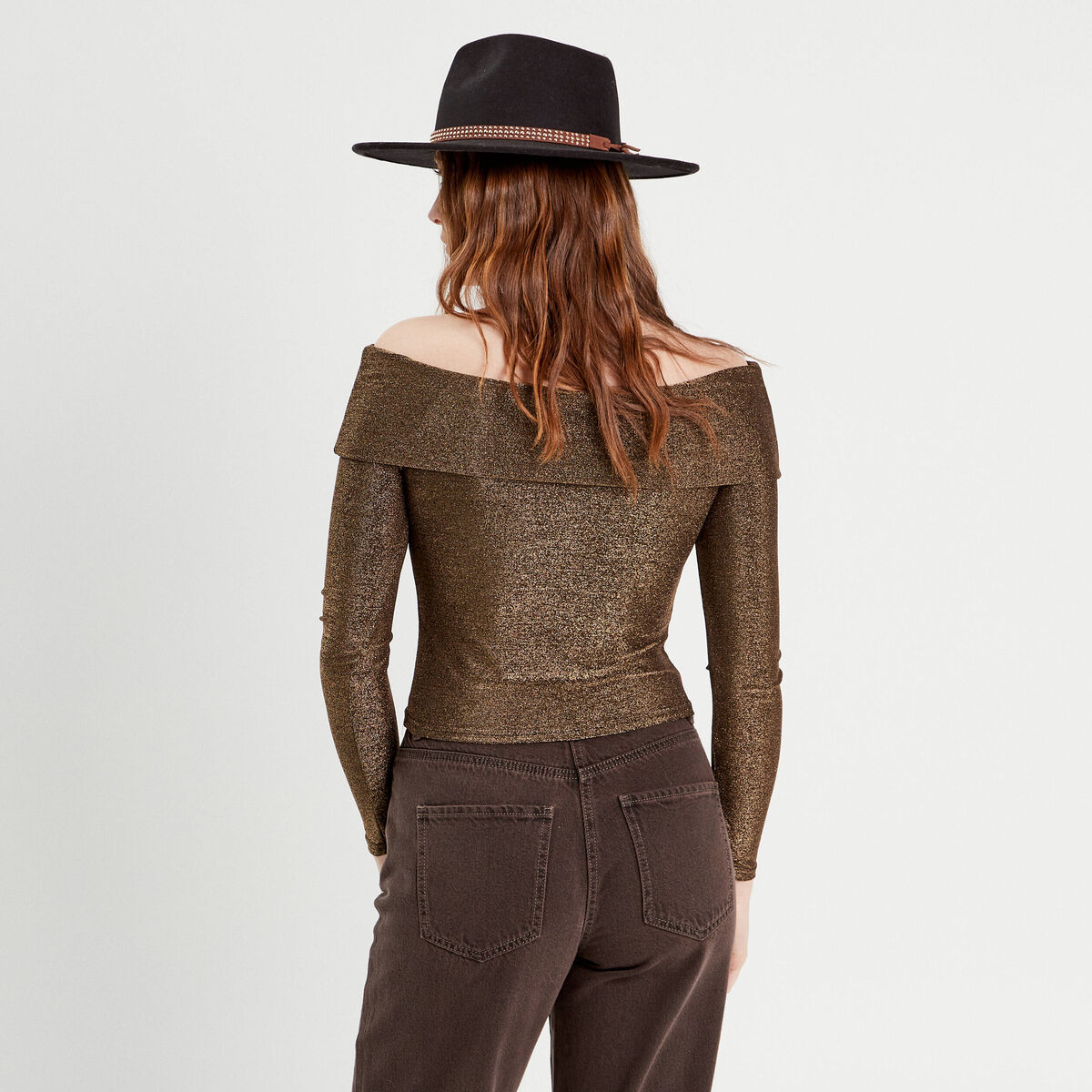 T-shirt col bardot couleur or femme