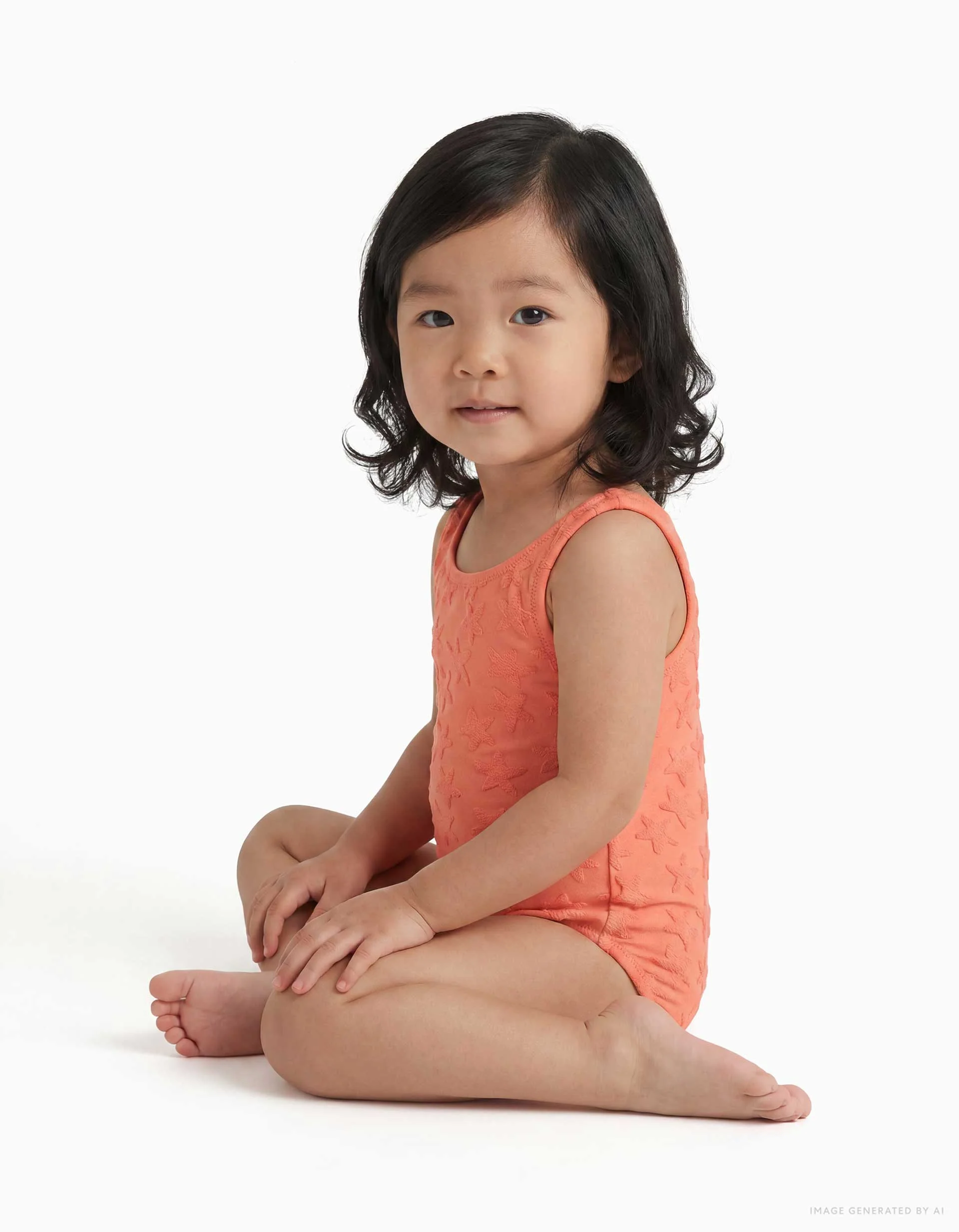 Swimsuit with star motif in bouclé for baby girls, neon coral
