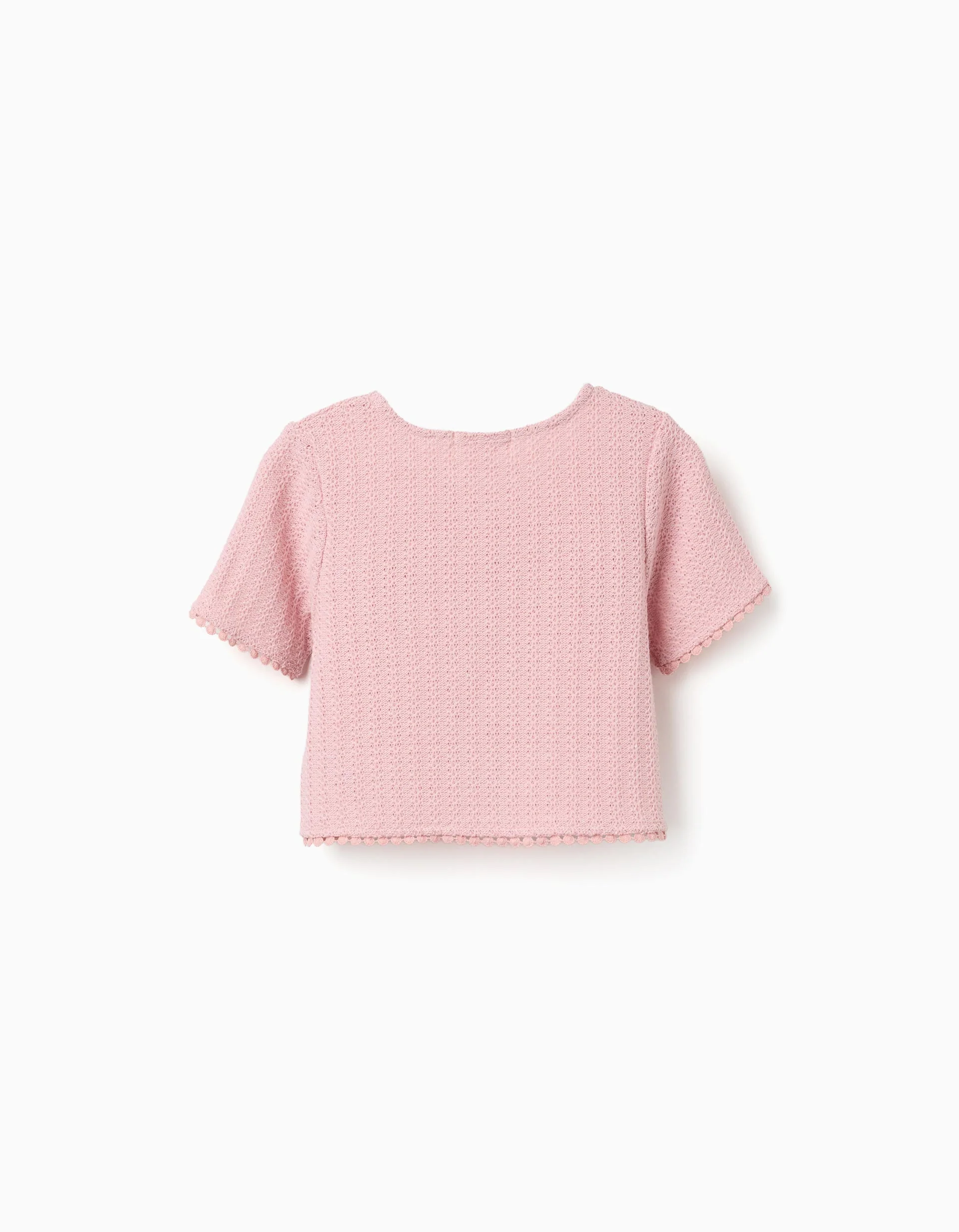 Knitted T-shirt with crochet lace trim for girls, pink