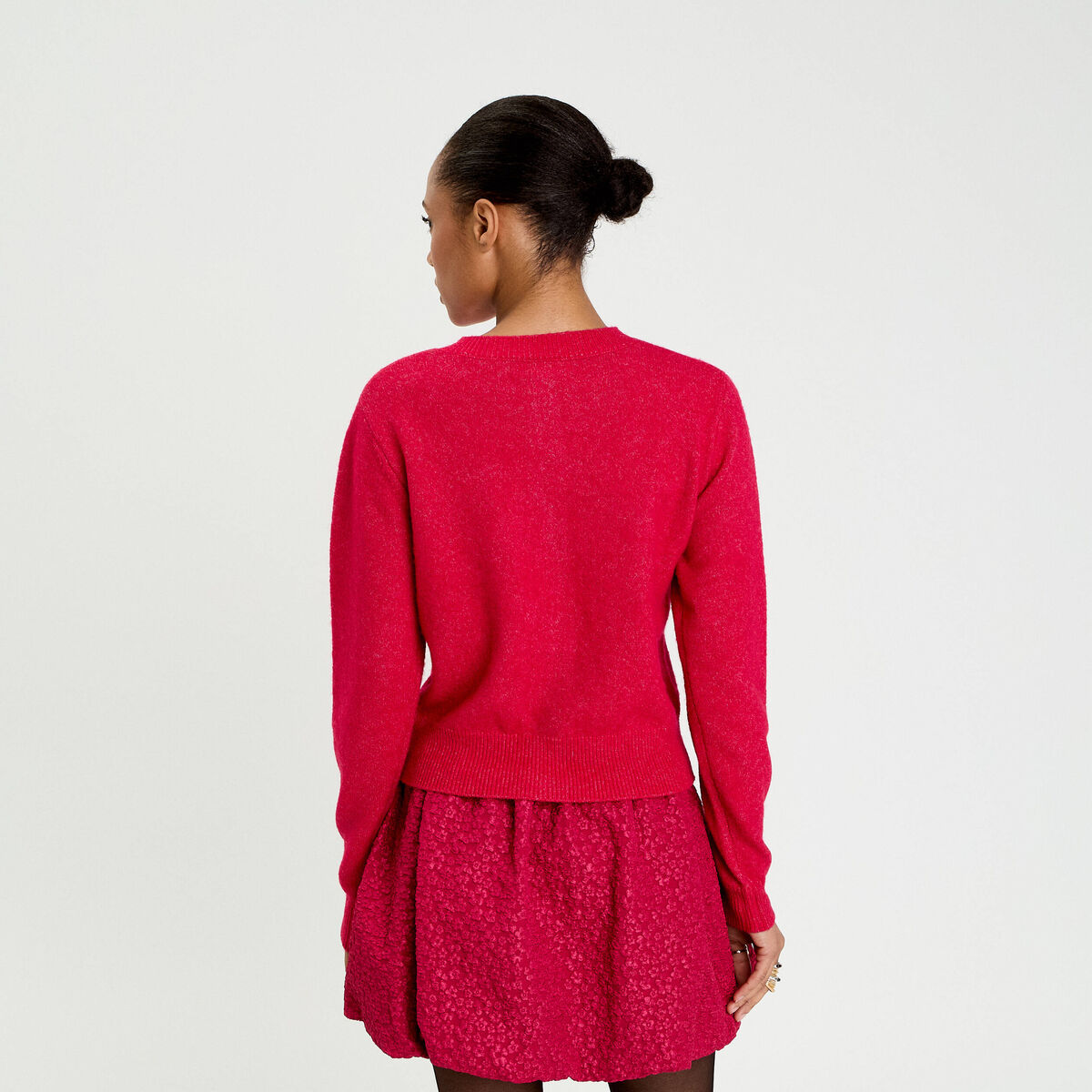 Gilet col rond manches longues rouge clair femme