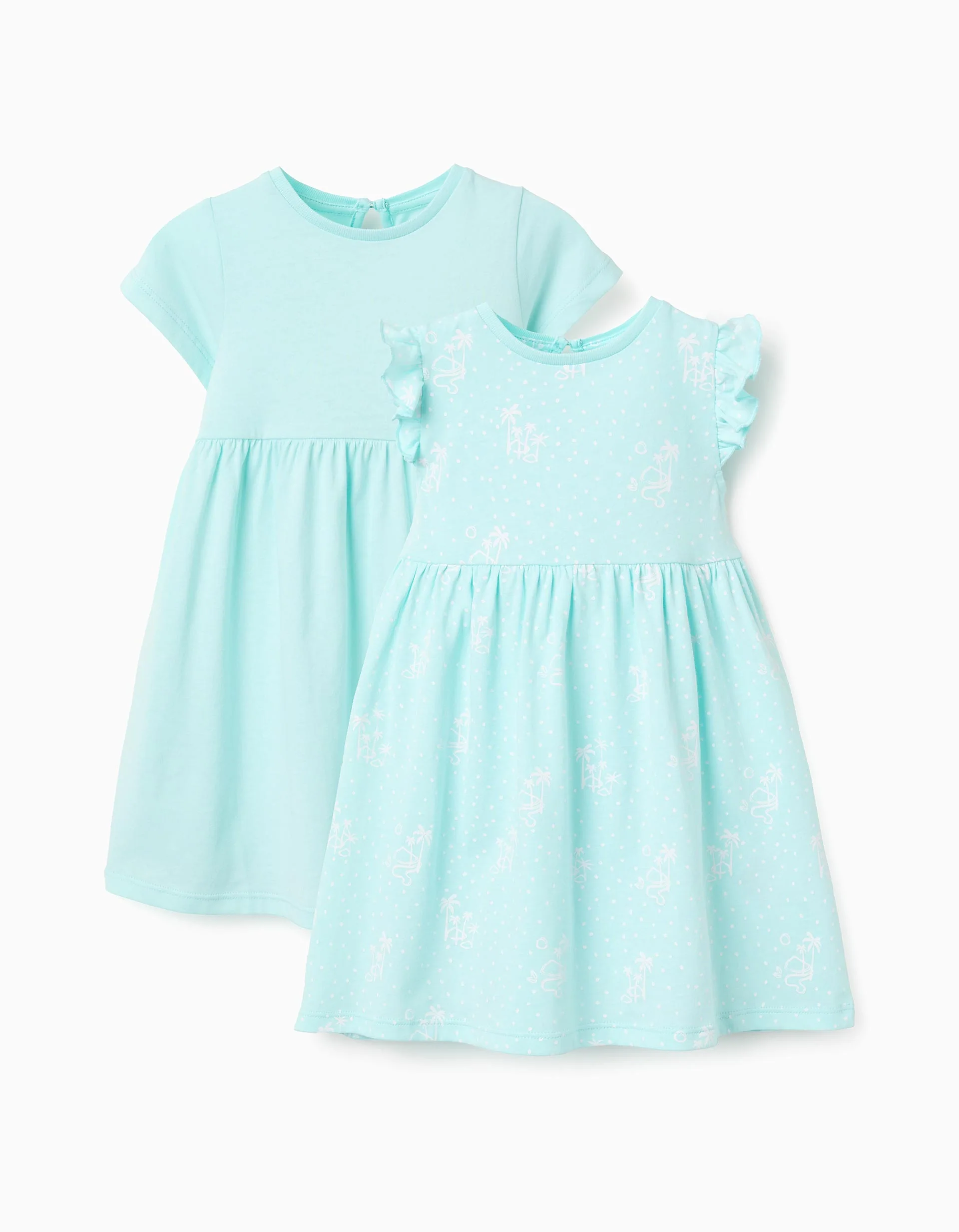 Pack of 2 plain/printed short sleeve dresses for baby girls, light blue