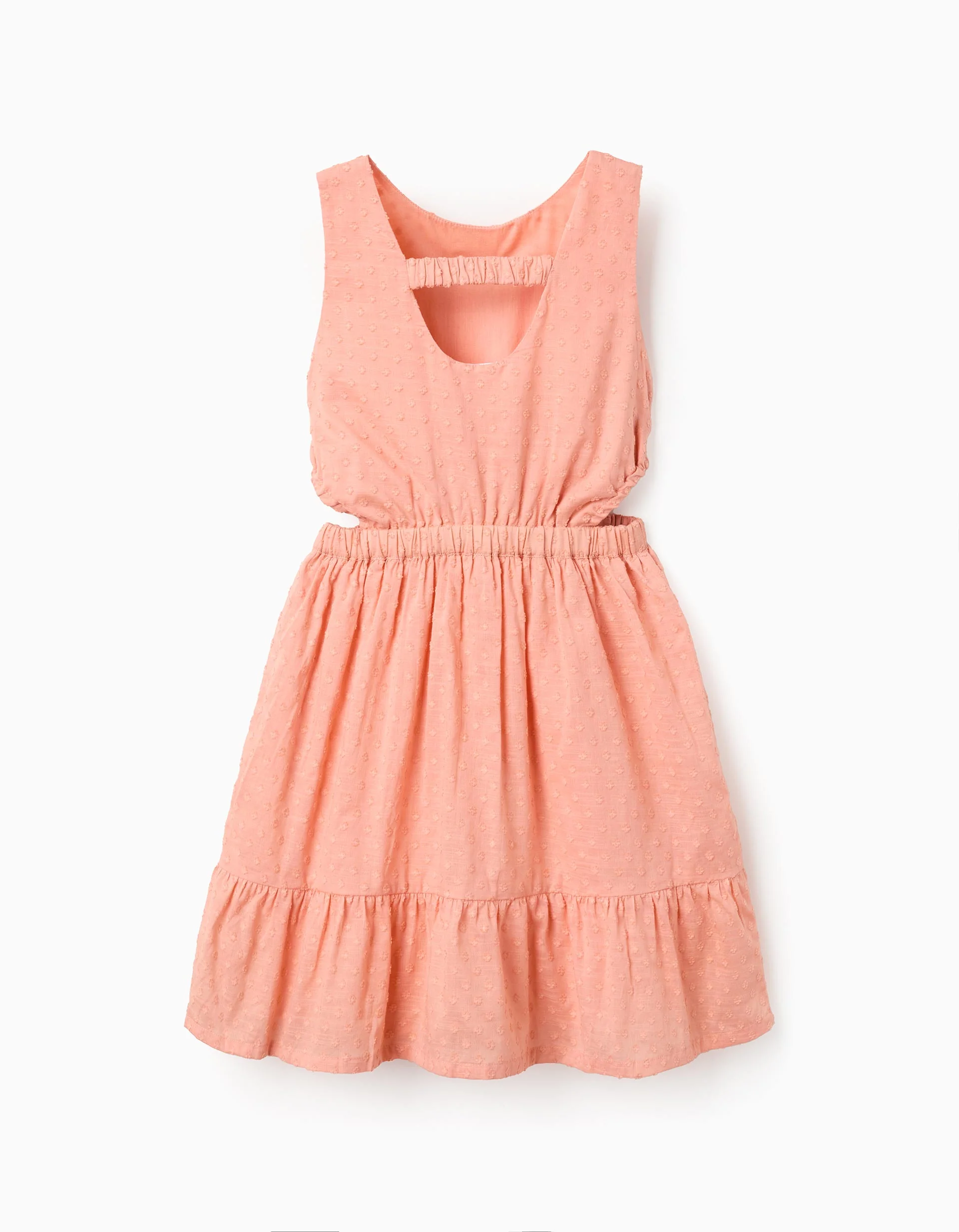 Cotton Swiss dot dress with cut-outs for girls, salmon orange