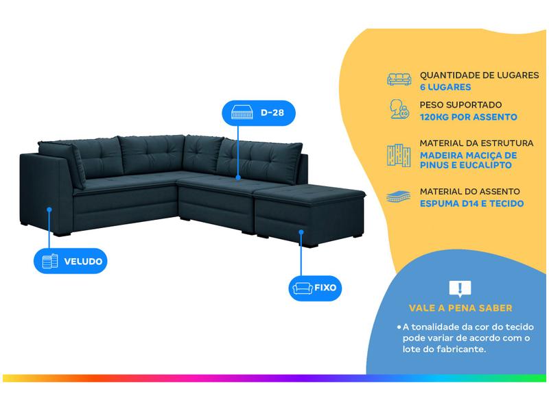 Sofá de Canto 6 Lugares com Puff Veluplus Vegas Flexforma Estofados